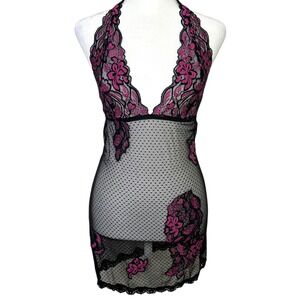 Fredericks Hollywood Magenta Floral Lace Mesh Halter Chemise Slip Dress Coquette